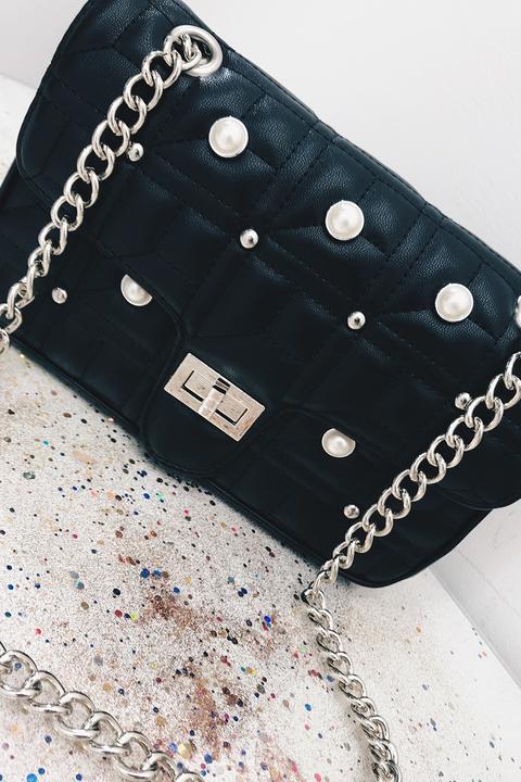 Zara Black Pearl Detail Quilted Bag