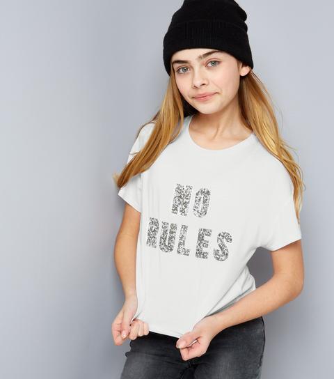 Teens White Beaded No Rules Crop T-shirt