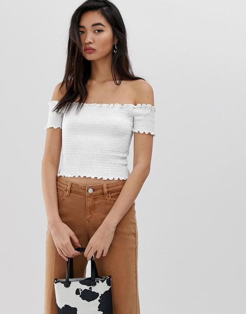Stradivarius Shirred Off Shoulder Top In White