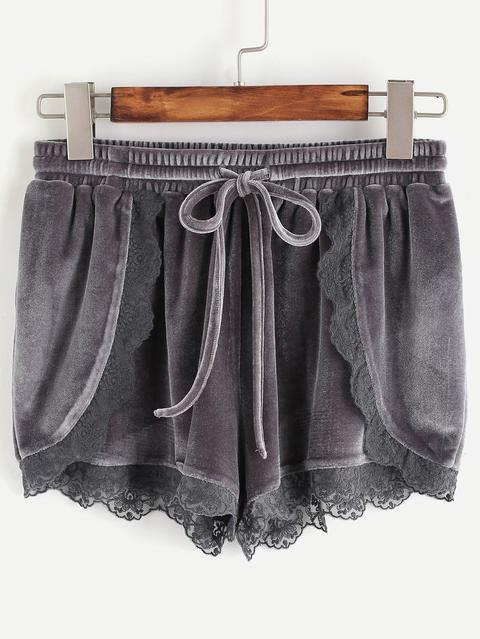 Grey Lace Trim Drawstring Waist Velvet Wrap Shorts