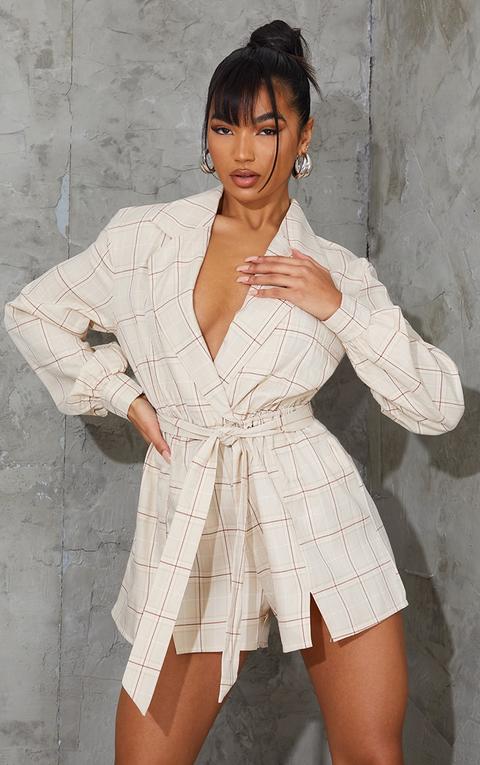 Stone Check Print Split Hem Collar Detail Playsuit