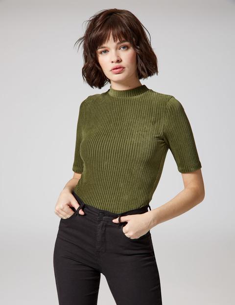 T-shirt Kaki In Velluto A Costine