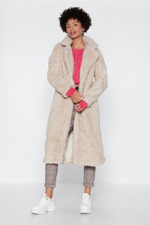 Womens Longline Faux Shearling Winter Coat