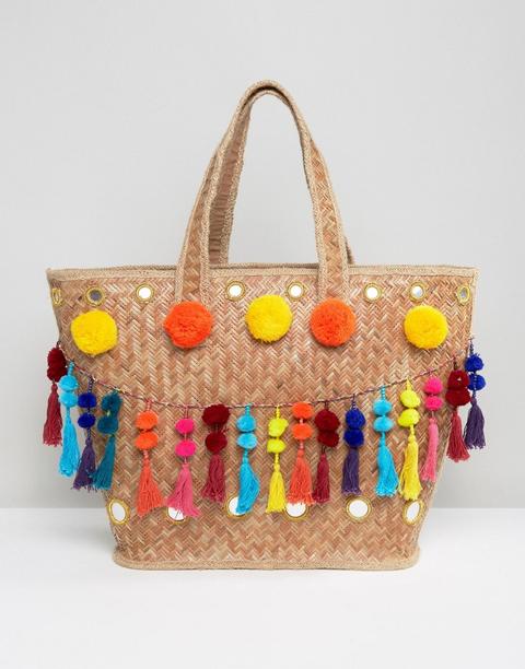 Bolso De Paja Con Detalle De Pompones Y Borlas De Glamorous