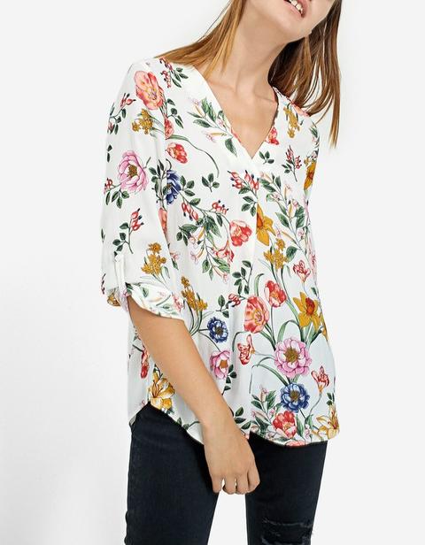 Camicia Lunga Scollo A V A Fiori Ecru