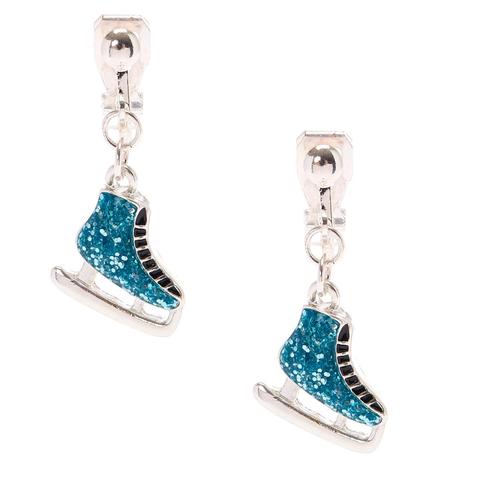 Blue Glitter Ice Skate Clip-on Drop Earrings