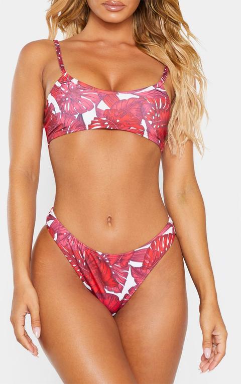 Red Palm Print High Leg Bikini Bottom, Red