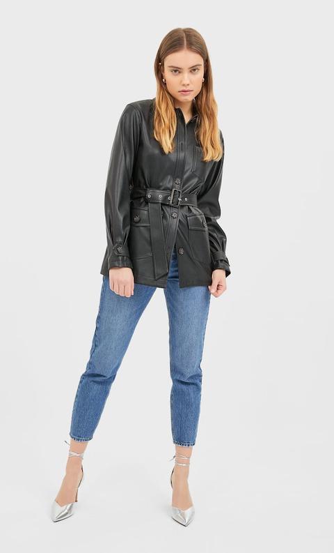 Stradivarius Blouson En Cuir Synthétique Femme Noir M