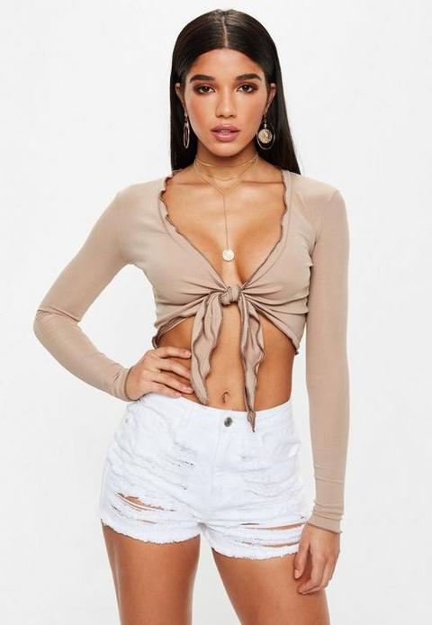 Nude Long Sleeve Lettuce Hem Tie Front Crop Top, Nude