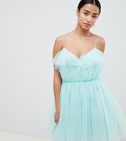 Asos Design Petite Mini Dobby Tulle Prom Dress With Ruffle Bodice-green