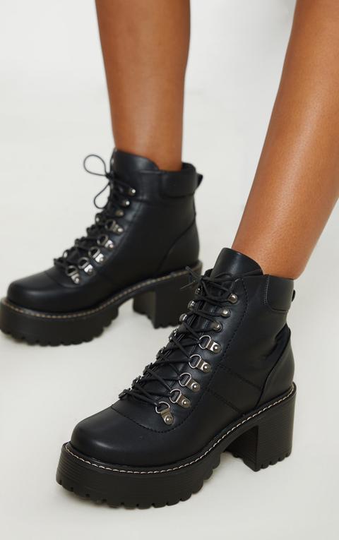 Black Cleated Platform Chunky Hiker Lace Up Ankle Boot