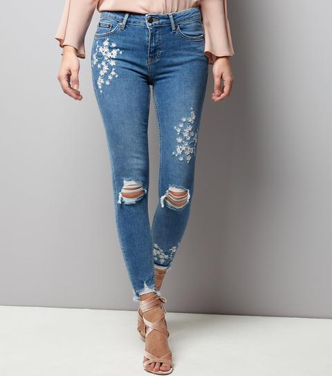 Blue Floral Embroidered Skinny Jenna Jeans