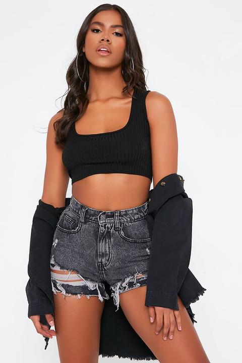 Black Distressed Hem High Waisted Mom Shorts , Black