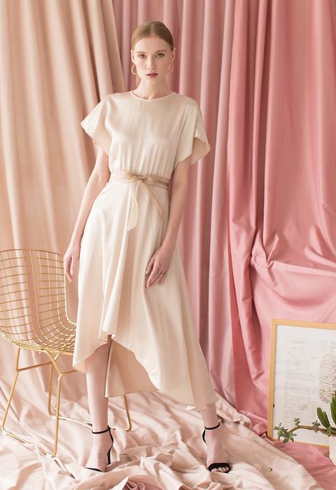 Twilight Or Dawn Asymmetric Satin Dress In Gold