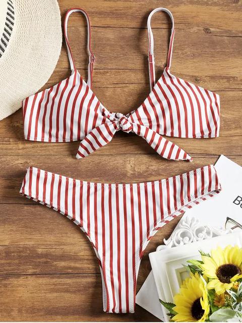 Conjunto De Bikini Con Rayas Anudadas Delanteras Acolchadas Black Red With White