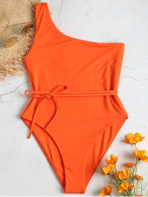 Maillot De Bain Une-pièce Et Une Epaule À Ceinture Black Orange Love Red