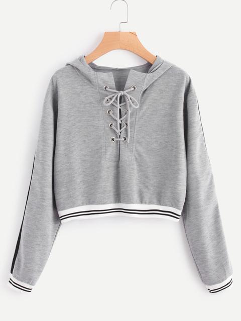 Eyelet Lace Up Stripe Trim Hoodie