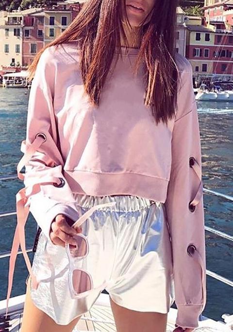 Felpa Coulisse Collo Rotondo Pizzoata Manica Lunga Pullover Ritagliato Rosa