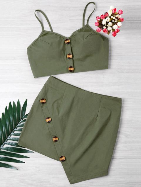 Top Corto Abbottonato E Minigonna Yellow Red Army Green