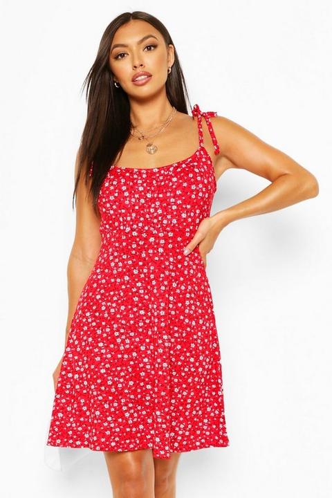 Womens Petite Floral Tie Strap Skater Dress - Red - 6, Red