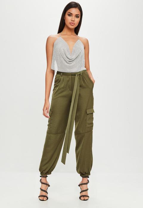 Carli Bybel X Missguided Khaki Satin Cargo Pants, Beige