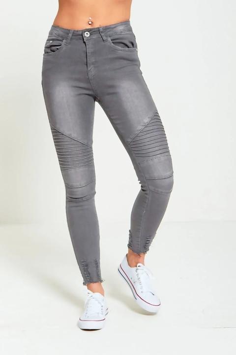 Grey Ribbed Skinny Biker Jeans