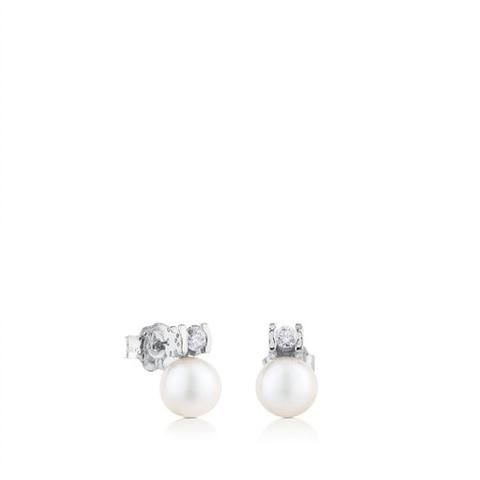 Pendientes De Oro Blanco Con Diamantes Y Perla Les Classiques