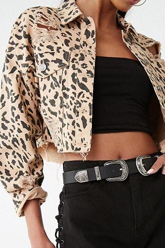 Forever 21 Leopard Print Distressed Denim Jacket , Taupe/black