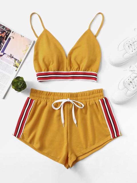 Striped Tape Panel Cami With Drawstring Waist Shorts