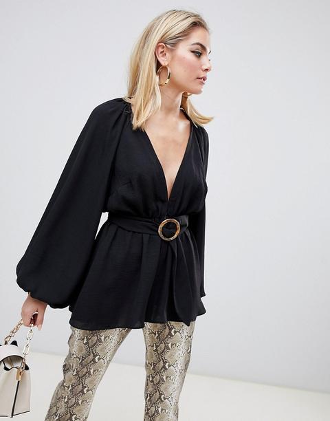 Top Escotado Con Manga Larga Estilo Kimono Y Cinturón De Asos Design-negro