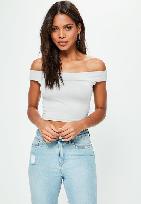 Grey Ruched Bardot Crop Top