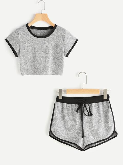 Ringer Crop Tee With Contrast Dolphin Hem Shorts