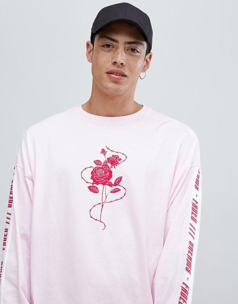 Asos Design Oversized Long Sleeve T-shirt With Rose And Text Sleeve Print