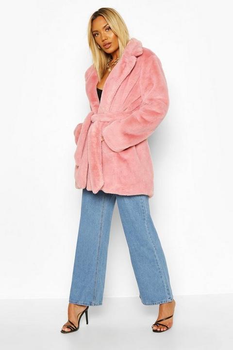 Womens Belted Faux Fur Coat - Pink - 10, Pink
