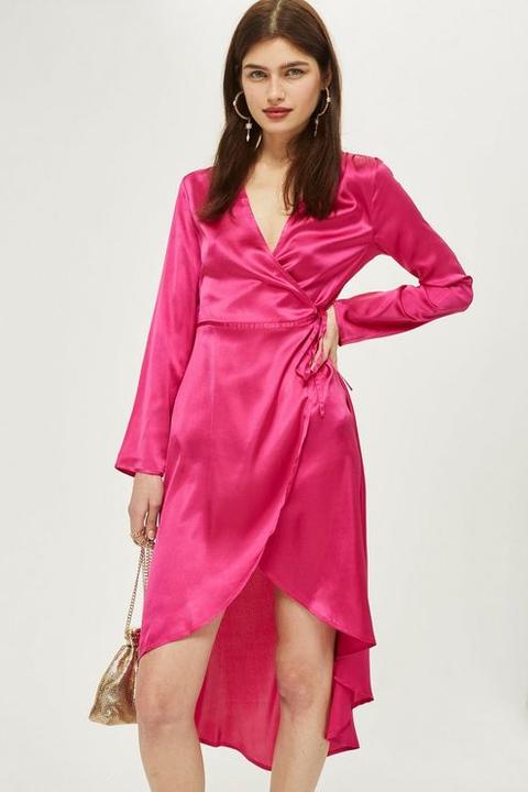 Womens Satin Kimono Robe Wrap Dress - Cerise, Cerise