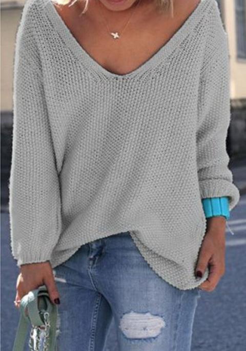 Maglione Semplice V-collo Maniche Lunghe Moda Allentato Grigio