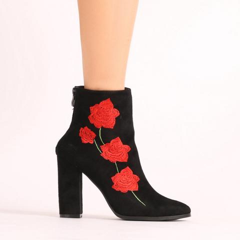 Romeo Rose Embroidered Ankle Boots In Black Faux Suede