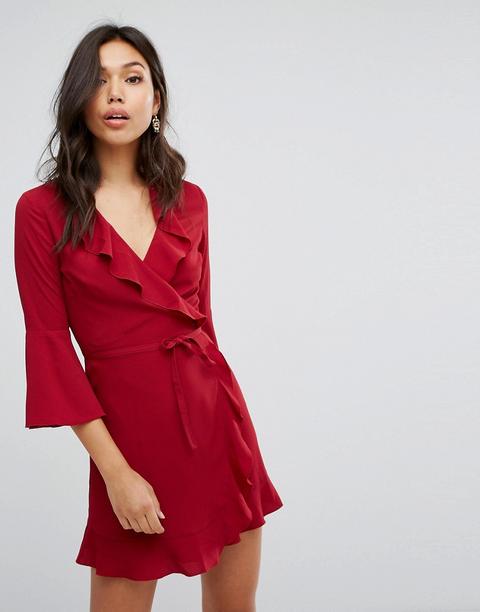 Outrageous Fortune - Vestito A Portafoglio Con Maniche Svasate E Volant - Rosso