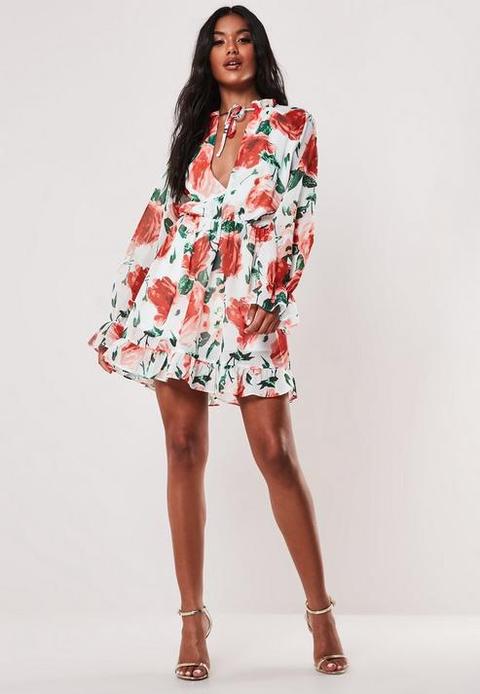 White Floral Print High Neck Smock Dress, White