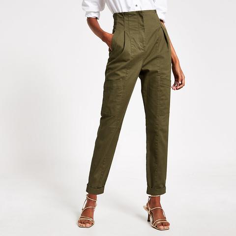 Khaki Seamed High Waisted Twill Trousers