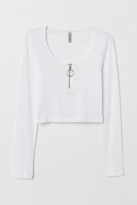 H & M - Ribbed Top With A Zip - White