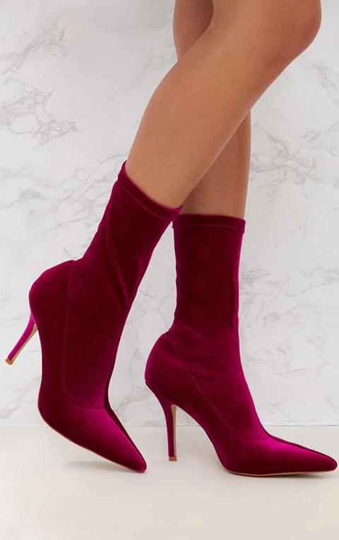 Fuchsia Velvet Pointy Sock Boots, Pink