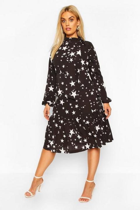 Womens Plus Star Print Tie Neck Midi Dress - Black - 16, Black