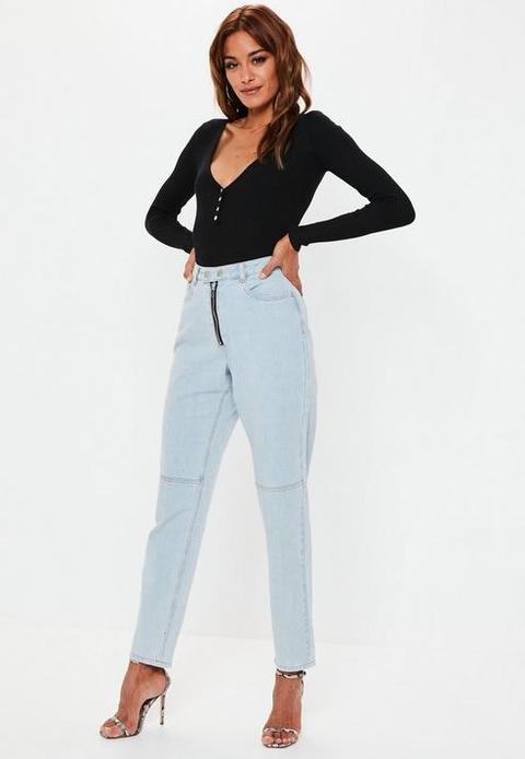 Light Blue Double Popper Mom Rigid Jeans, Light Blue