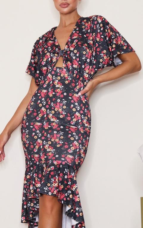 Black Floral Print Tie Front Fishtail Midi Dress