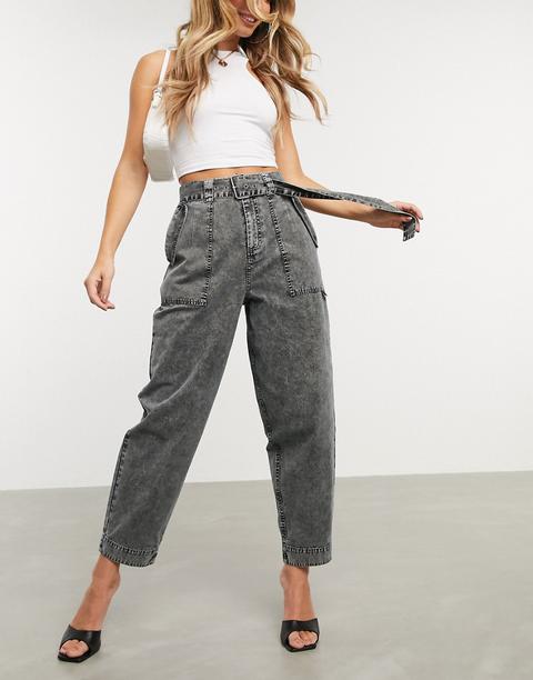 Asos Design Balloon Leg Worker Pant With Belt In Charcoal Acid Wash-grey