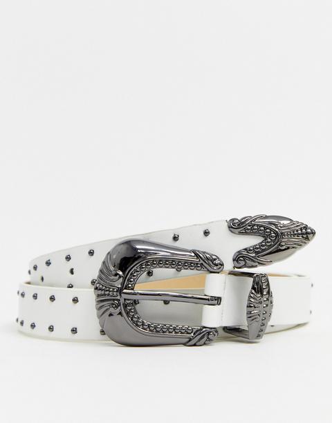Pieces - Sage - Ceinture Cloutée Style Western - Blanc