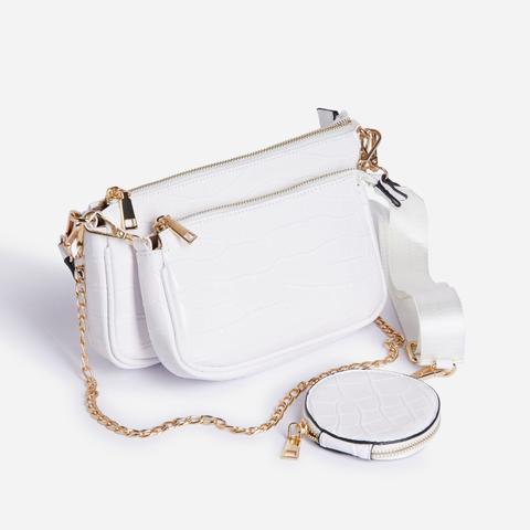 Mika Chain And Purse Detail Cross Body Bag In White Croc Print Patent,, White