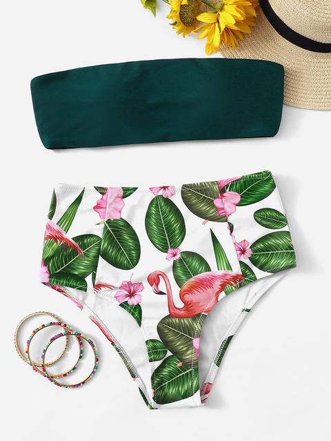 Bandeau Con Bikini De Cintura Alta Tropical Al Azar