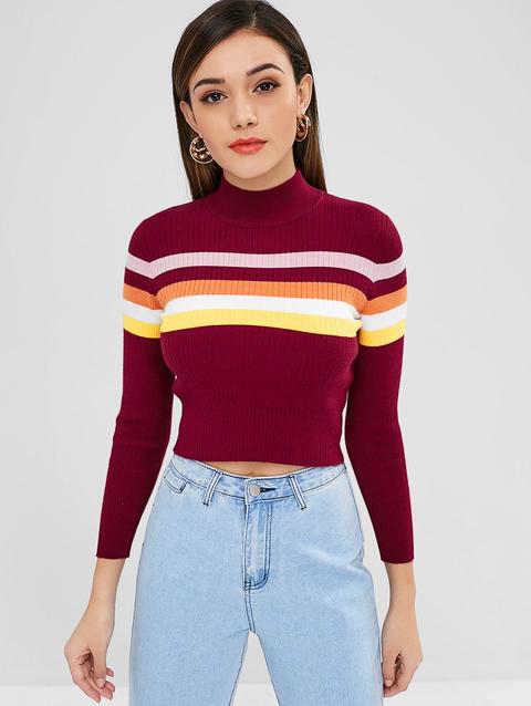 Maglione Corto A Righe Con Collo Alto